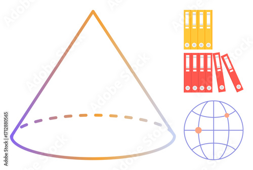 Gradient cone outline with dashed base, stack of red and yellow folders, and a globe with points, representing data organization, global workflow, education, planning, teamwork, hierarchy