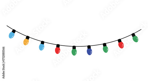A simple string of colorful christmas lights hanging against a white background