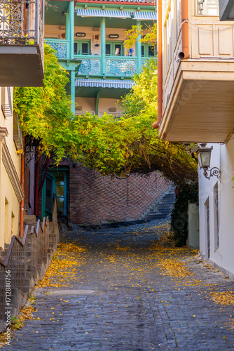 Old Tbilisi with its characteristic ornate balconies. Colorful autumn in Tbilisi