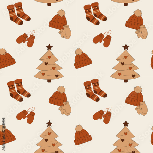 Cozy seamless winter vector pattern with Christmas trees, knitted socks, warm mittens and hats on soft beige background. Perfect for holiday wrapping, textiles and seasonal design