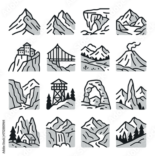 Black and white mountain landscape icons with natural features and landmarks