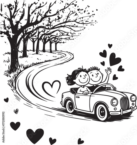 Couple in Vintage Car: A charming illustration of a couple embarking on a romantic journey, cruising along a winding road in a classic convertible. Embracing the thrill of the open road.