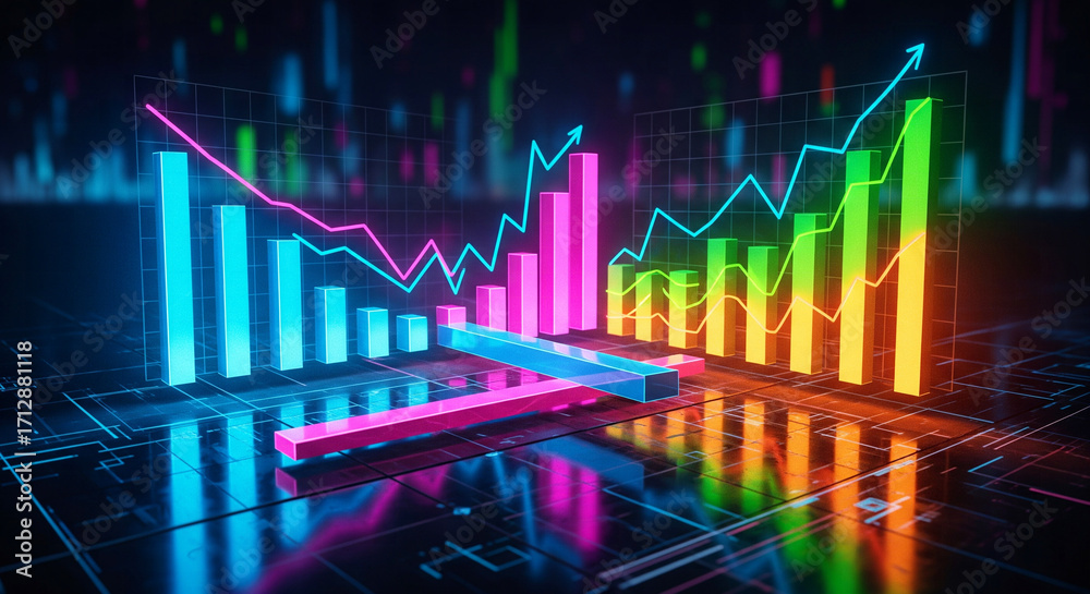 Naklejka premium Colorful glowing financial charts showing contrasting stock market trends