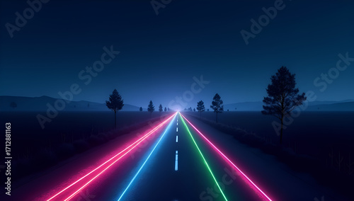 A glowing neon road at night, featuring pink, blue, and green lights, extends into a dark scene with faint tree silhouettes.