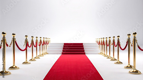 Red carpet in a white empty room with steps and railings