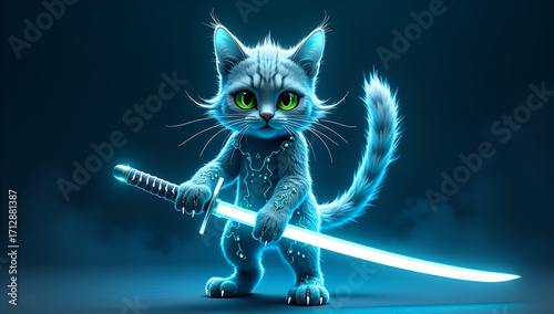 A majestic blue cat with glowing green eyes holds a neon katana, set against a dark gradient background.