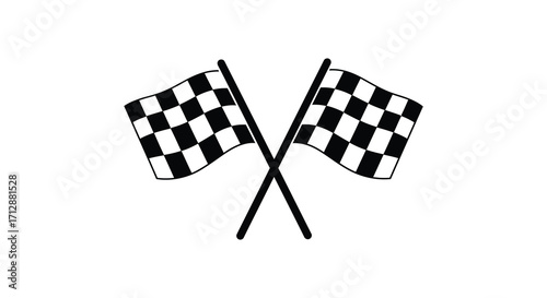 Two black and white checkered racing flags crossed against a white background