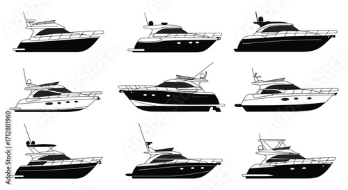 Variety of modern yachts displayed in black and white silhouettes