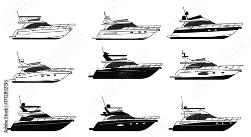 A collection of sleek modern yacht designs in black and white tones