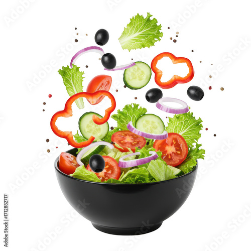 Fresh salad ingredients flying out of a bowl isolated on transparent background