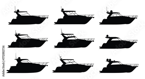Silhouette patterns of luxury motor yachts in a repeating grid design