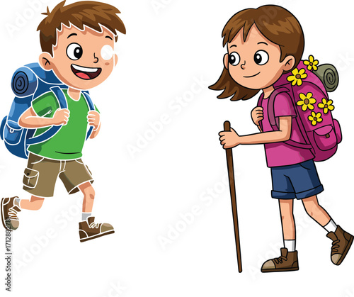Cartoon kids hiking outdoors with backpacks, happy children trekking, girl holding walking stick with flowers, summer camping adventure, travel, outdoor activity illustration
