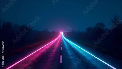 A vibrant neon road at night, illuminated in pink, blue, and green, leads into a dark landscape with silhouetted trees.