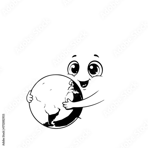 Smiling Cartoon Character Hugging Planet Earth Black and White Illustration.