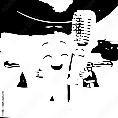 Smiling Cartoon Character Holding Vintage Microphone Joyful Expression Black and White.