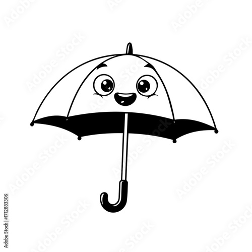 Smiling Cartoon Umbrella with Big Eyes and Curved Handle Black Outline.