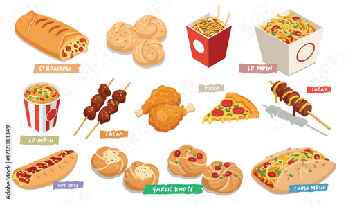 Fast food. stromboli, garlic knots, chow mein, lo mein, satay, PIZZA. Flat vector illustrations isolated on a white background