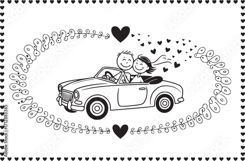 Wedding Day Joy Ride: Capturing a whimsical drawing of a couple in a vintage convertible car, surrounded by decorative floral and heart accents.