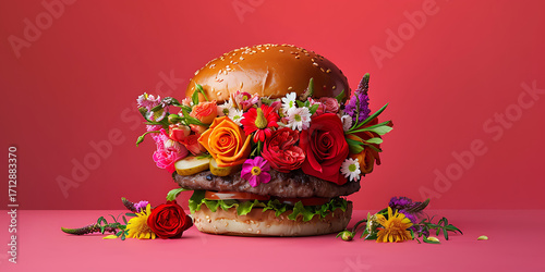 Delicious burger beautifully decorated with fresh flowers