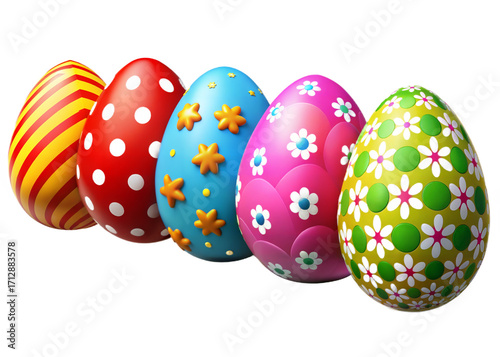 Vibrant row of ornate easter eggs adorned with festive decorations