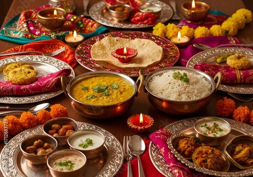 Festive indian thali with various dishes, bread, and diyas for celebration