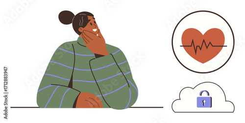 Person resting their chin on hand, heart monitor symbol in a circle and cloud with padlock icon. Ideal for health, wellness, cybersecurity, data privacy, self-reflection, technology, life balance