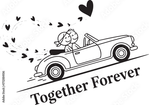 Forever Together: A charming illustration captures a couple, eyes filled with love, embarking on a romantic journey in a classic convertible, symbols of unity and eternal devotion.