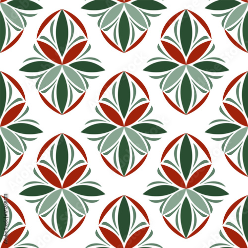 Christmas geometry seamless pattern. Winter ornament of complex shapes. Fantasy green and red stars on white background. Classic Christmas decor