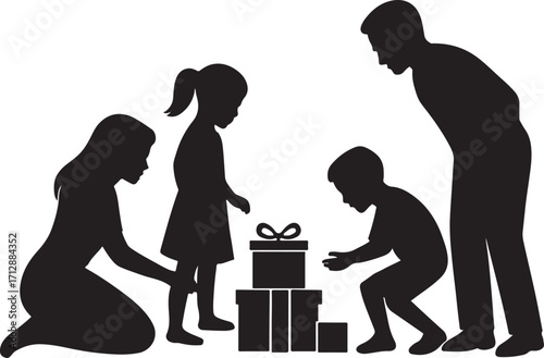 Family opening gifts silhouette celebration surprise excitement