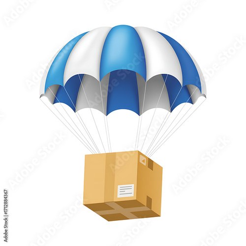 Delivery box descending under a blue and white parachute