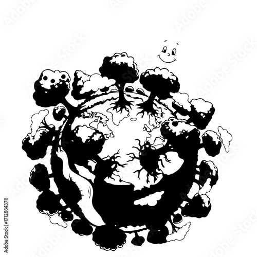 Whimsical Black and White Cartoon Planet with Trees and Smiling Sun.