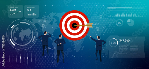 Clear business goals successful strategies and achievement of objectives in data driven global market businessmen target with arrow hitting the bullseye digital dashboard with a world map background