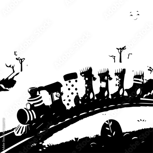 Whimsical Black and White Train with Decorative Sock-Shaped Cars on Track.