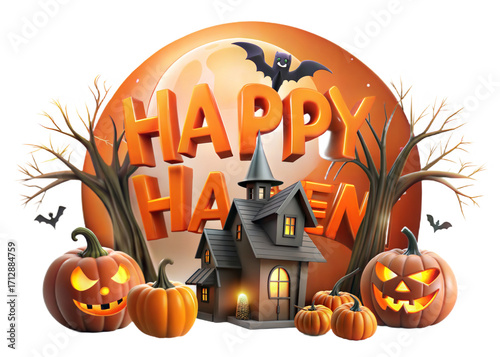 Spooky halloween night scene with glowing pumpkins haunted house and full moon