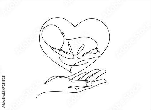 Continuous one line drawing of hand holding a prematurity baby. Concept of protect child, save child. World prematurity day. Hand drawn one line vector. Editable stroke