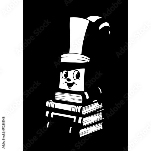Whimsical Stack of Books Character Wearing a Tall, Curved Hat, Smiling.