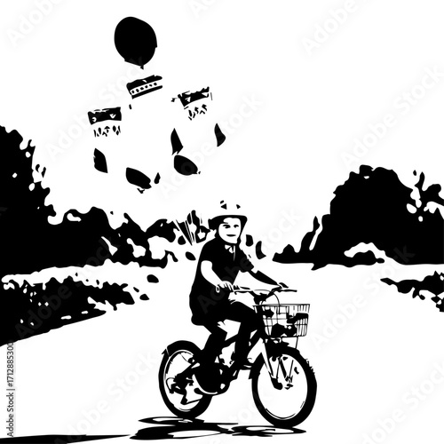 Young Child Riding Bicycle with Basket Wearing Helmet Silhouetted on Path.