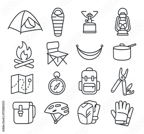 Camping essentials icons: tent, sleeping bag, lantern, tools, and gear for outdoor adventures