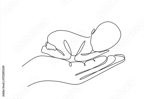 Continuous one line drawing of small premature baby lies on the palm of his hand. Premature birth. World Prematurity Day. Hand drawn one line vector. Editable stroke