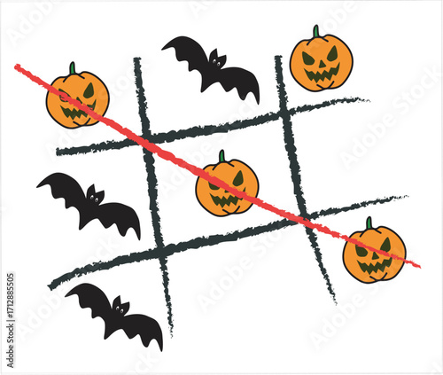 Halloween Tic Tac Toe Game | Pumpkin and Bat Doodle Illustration