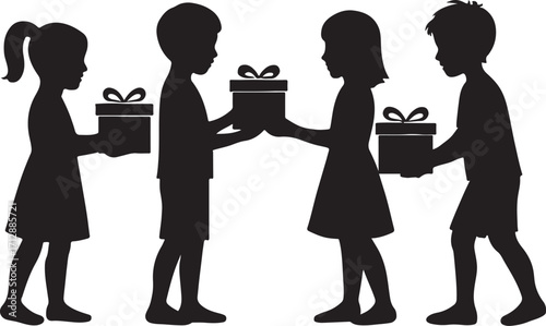Children exchanging gifts silhouette illustration for celebration event