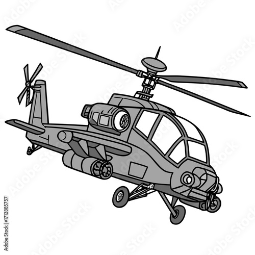 Cartoon illustration of a gray attack helicopter in flight with rotors spinning and landing gear extended
