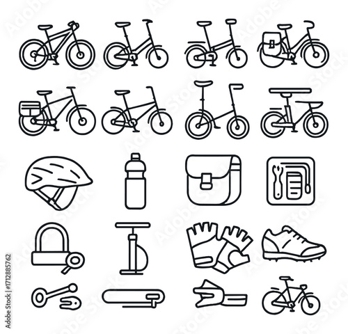 Cycling essentials: icon set featuring bikes, helmets, tools, locks, and accessories