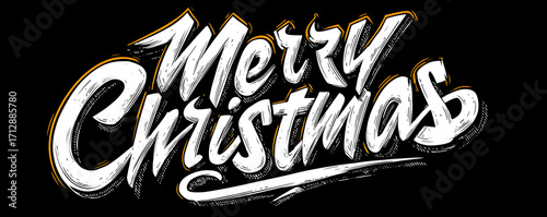 Calligraphy lettering “Merry Christmas” on black background. Brush typography with 3D effect banner with festive text. Winter composition with text in graffiti style. Concept for Christmas party
