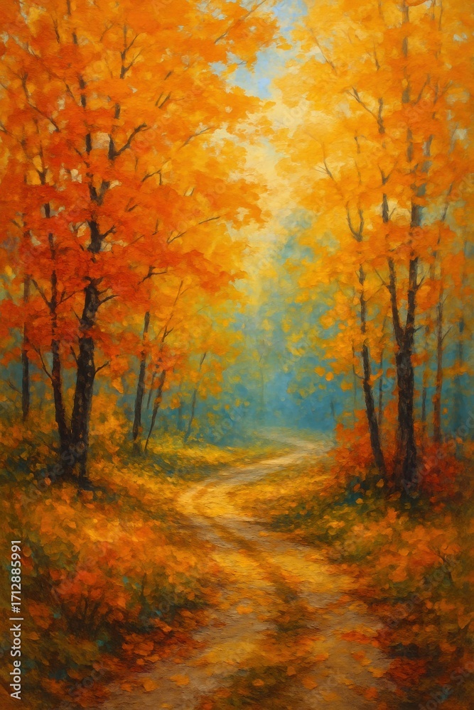 Fototapeta premium Autumn Forest Path Oil Painting