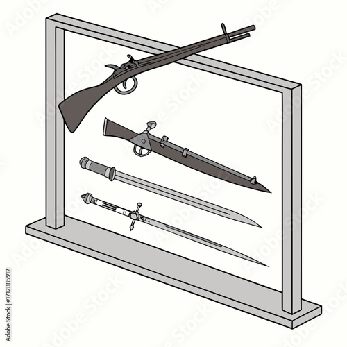 Collection of antique firearms and swords displayed on a simple gray stand in a museum exhibit