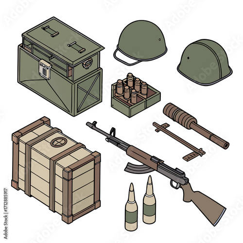 Collection of vintage military equipment including rifle ammunition helmets and wooden crates on a white background