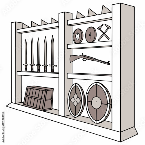 Collection of historical weapons and armor displayed on a wooden shelf unit for protection and readiness