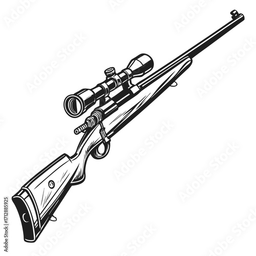 Detailed black and white illustration of a hunting rifle with a telescopic scope on a white background