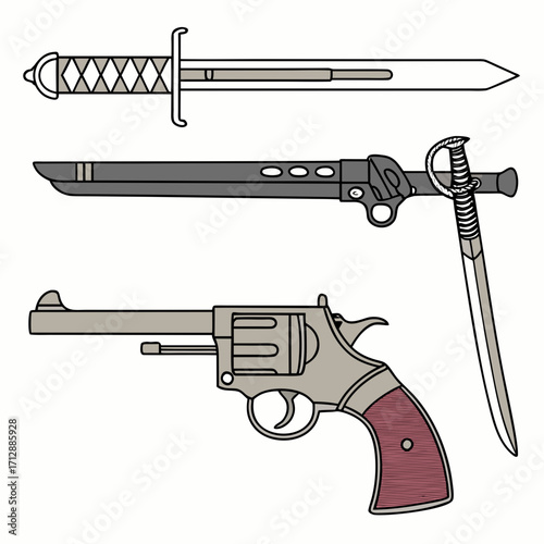 Collection of vintage weapons including a sword bayonet and revolver pistol against a white background